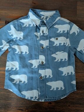 Hatley Blue Button-Down Shirt with White Polar Bear Print